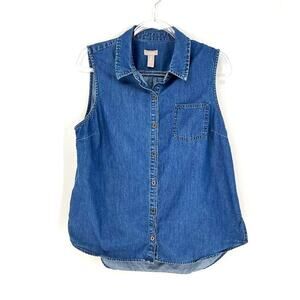 Chicos Sleeveless Denim Shirt Sz L Button Front Coastal Preppy Americana Cowgirl
